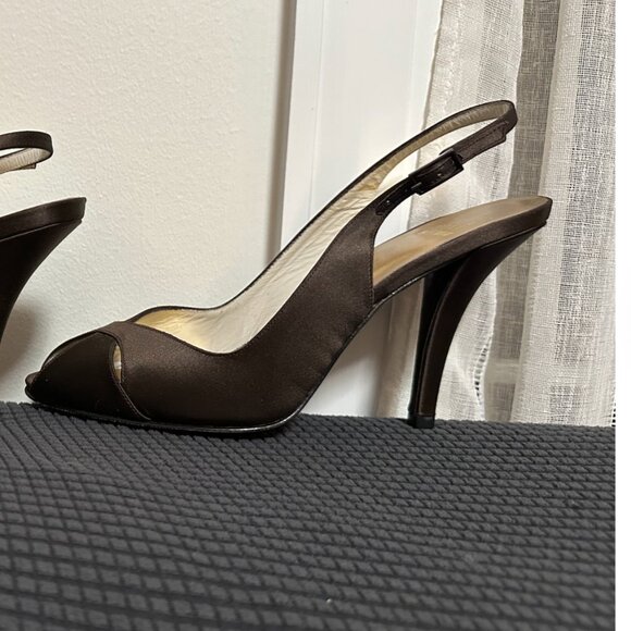 Stuart Weitzman Chocolate Brown Satin Peep-Toe Slingback Heels Size 9 - Picture 9 of 14